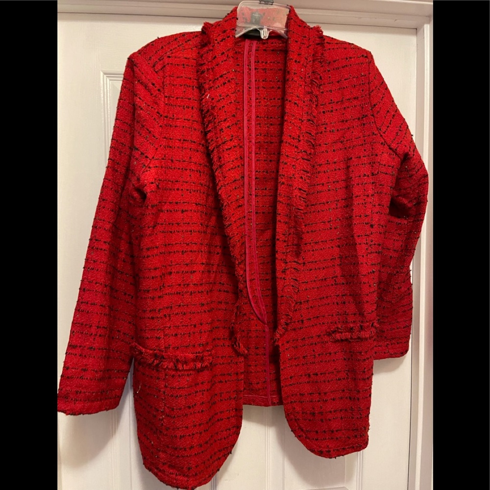 Worthington Open Front Tweed Fringe Red Black Textured Light Jacket Size XL
